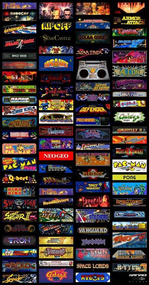 Collage of classic arcade game title screens including Pac-Man, Space Invaders, Street Fighter II, Mortal Kombat, and others.