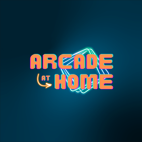 Neon-style logo with orange and pink text reading 'ARCADE AT HOME' on a dark blue background with a glowing geometric shape behind the text.