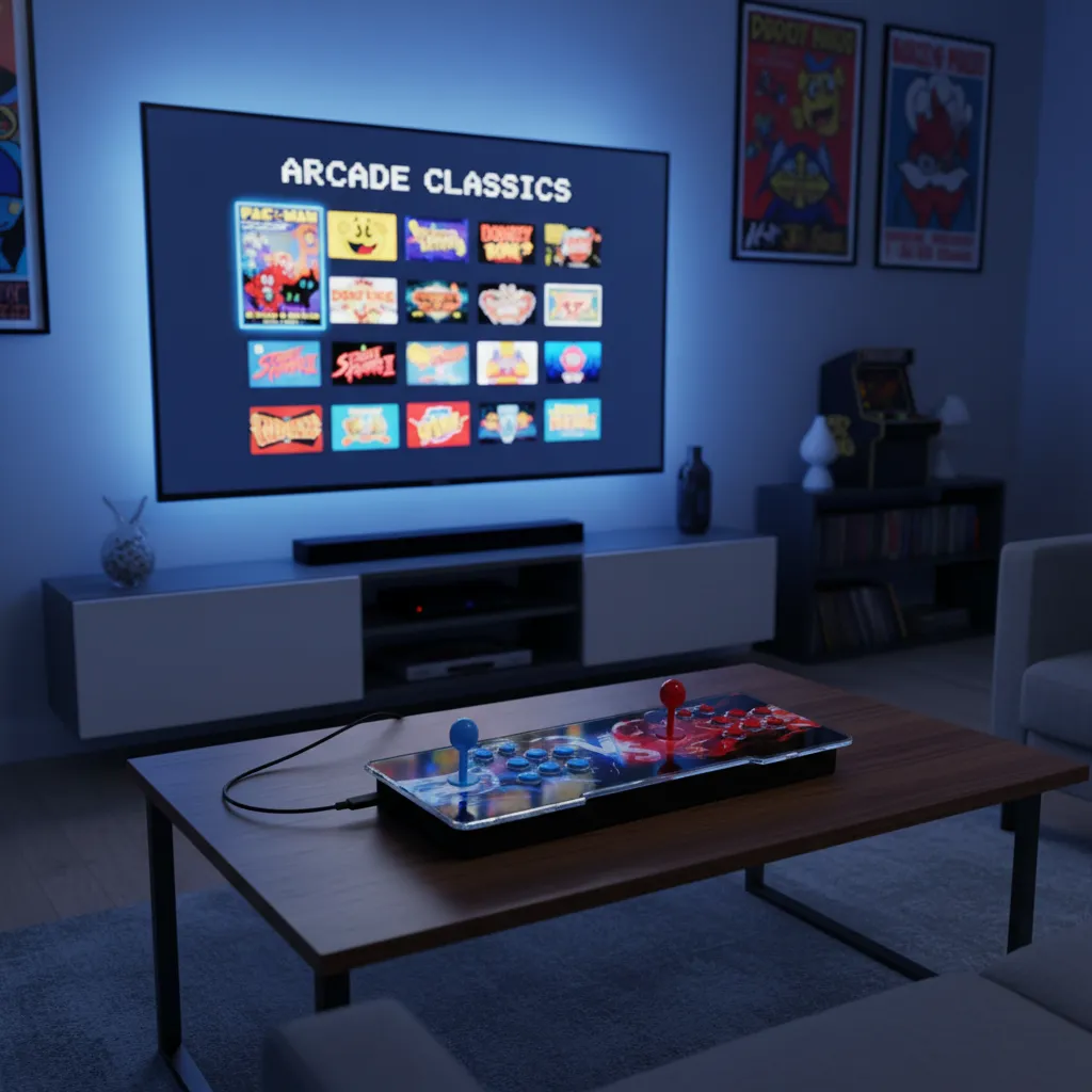 Living room with a wooden coffee table featuring a two-player arcade game controller, and a wall-mounted TV displaying a menu titled 'Arcade Classics'.