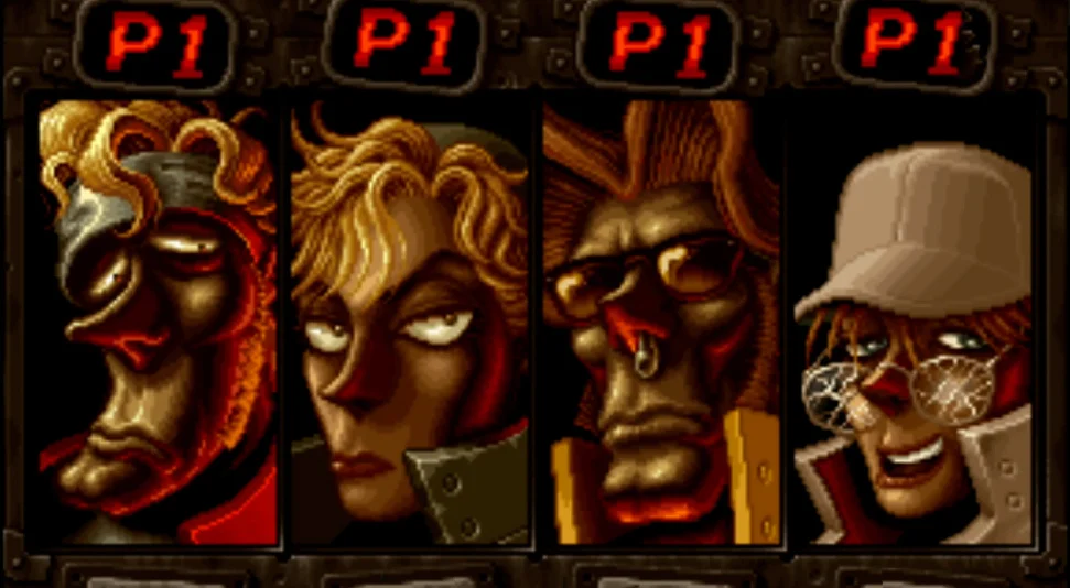 Pixel art portraits of four distinct characters with detailed facial features, each labeled P1 above, in a video game style.